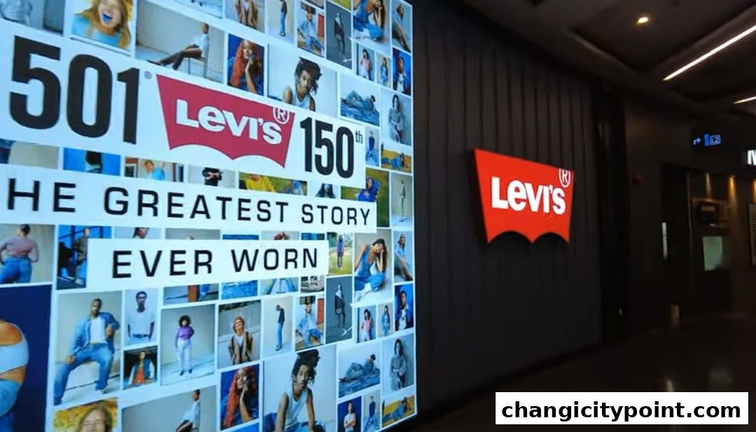 Levi's store exterior with a large display celebrating 501 jeans and the brand's 150th anniversary.