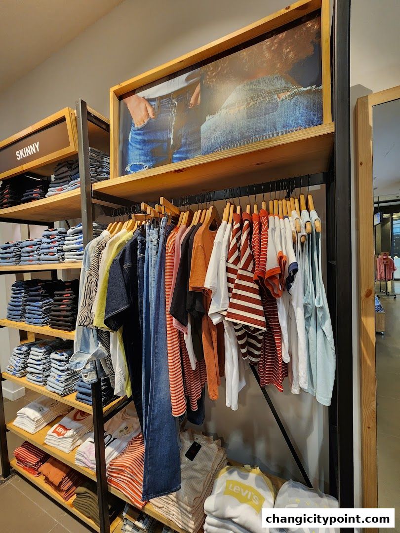 Interior view of a Levi's Outlet store showcasing jeans and t-shirts on display.