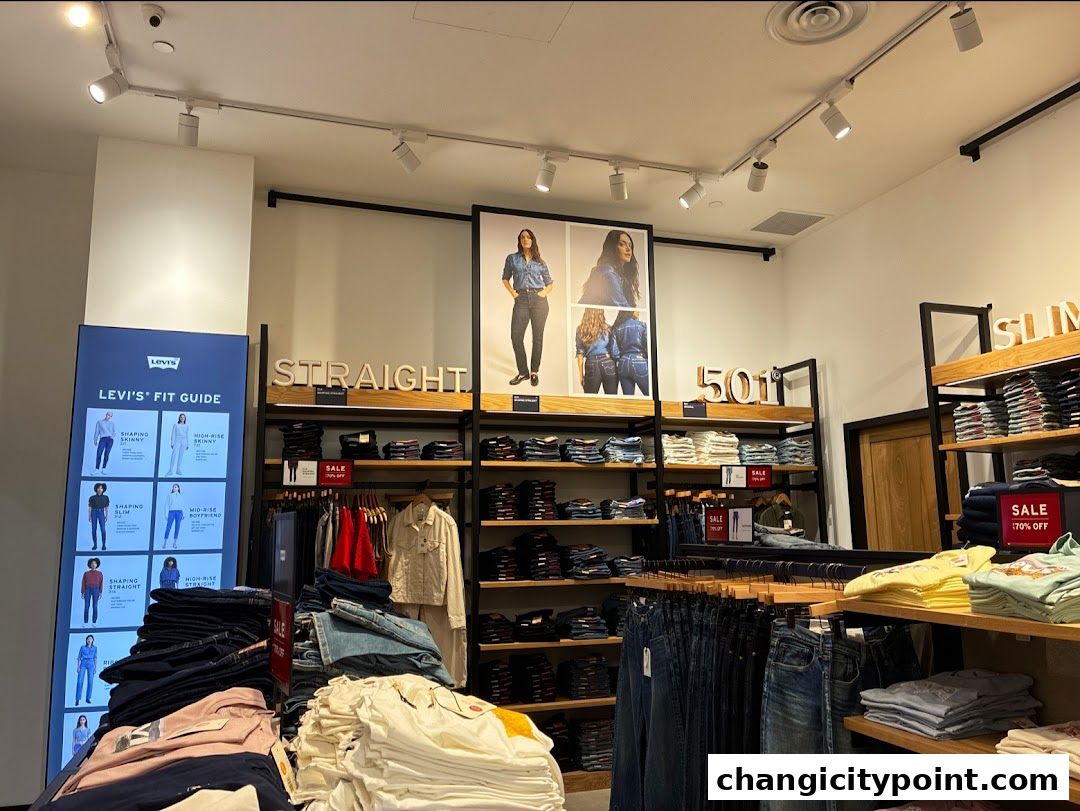 Interior view of a Levi's Outlet store showcasing jeans and apparel with a fit guide.