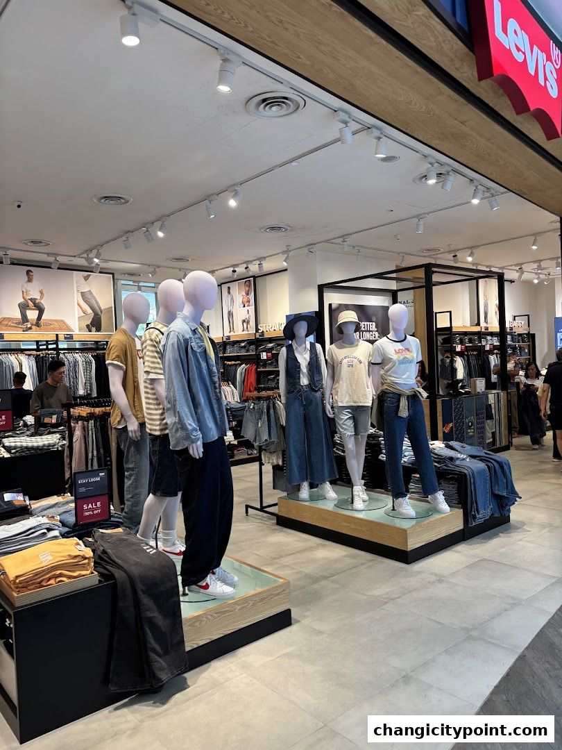 Interior view of a Levi's Outlet store with mannequins displaying jeans and apparel.