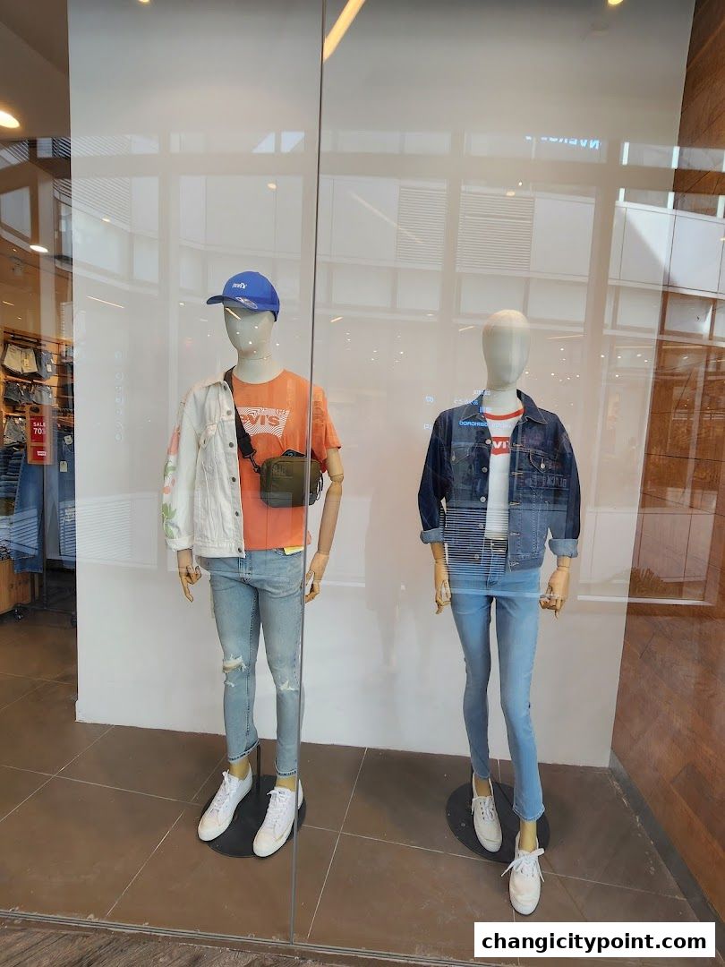 Mannequins in Levi's store window display showcasing casual denim outfits.