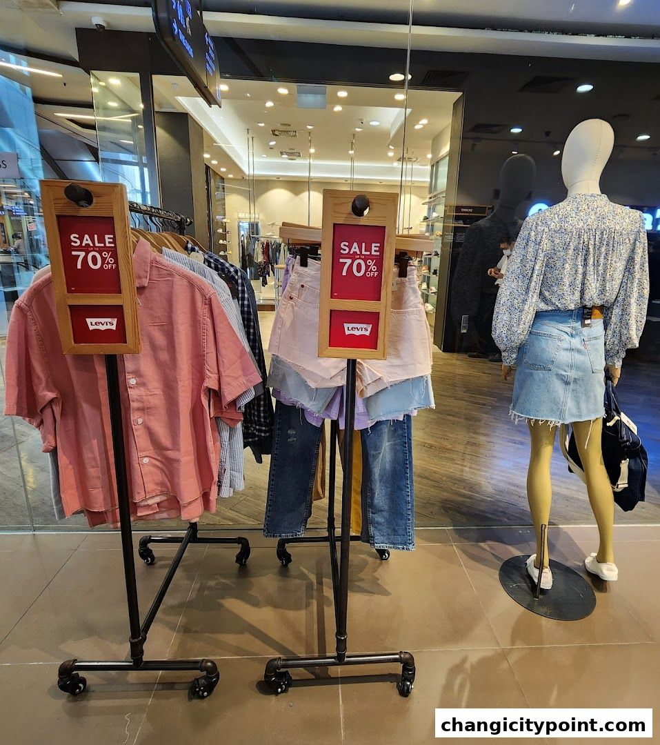Levi's Outlet store window display featuring a 70% off sale on apparel.