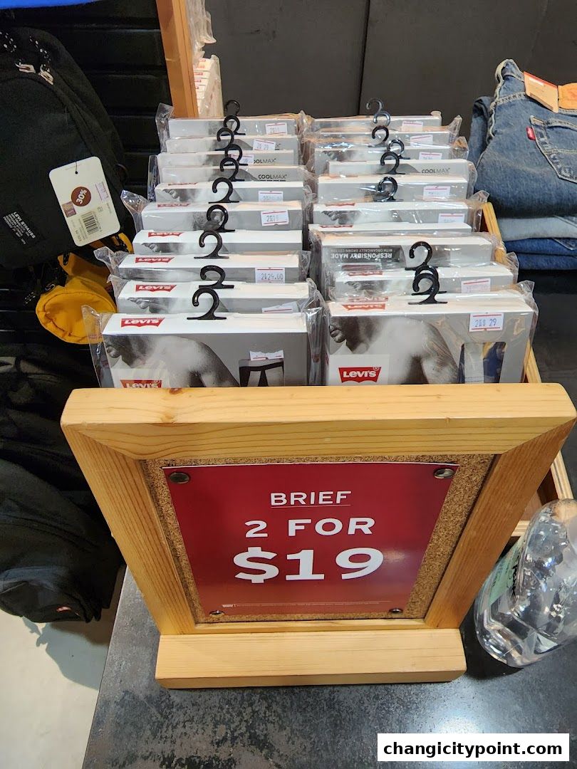 Levi's briefs on display with a '2 for $19' promotion.