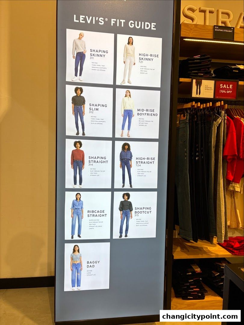 Levi's fit guide displaying various jean styles with model images and descriptions.