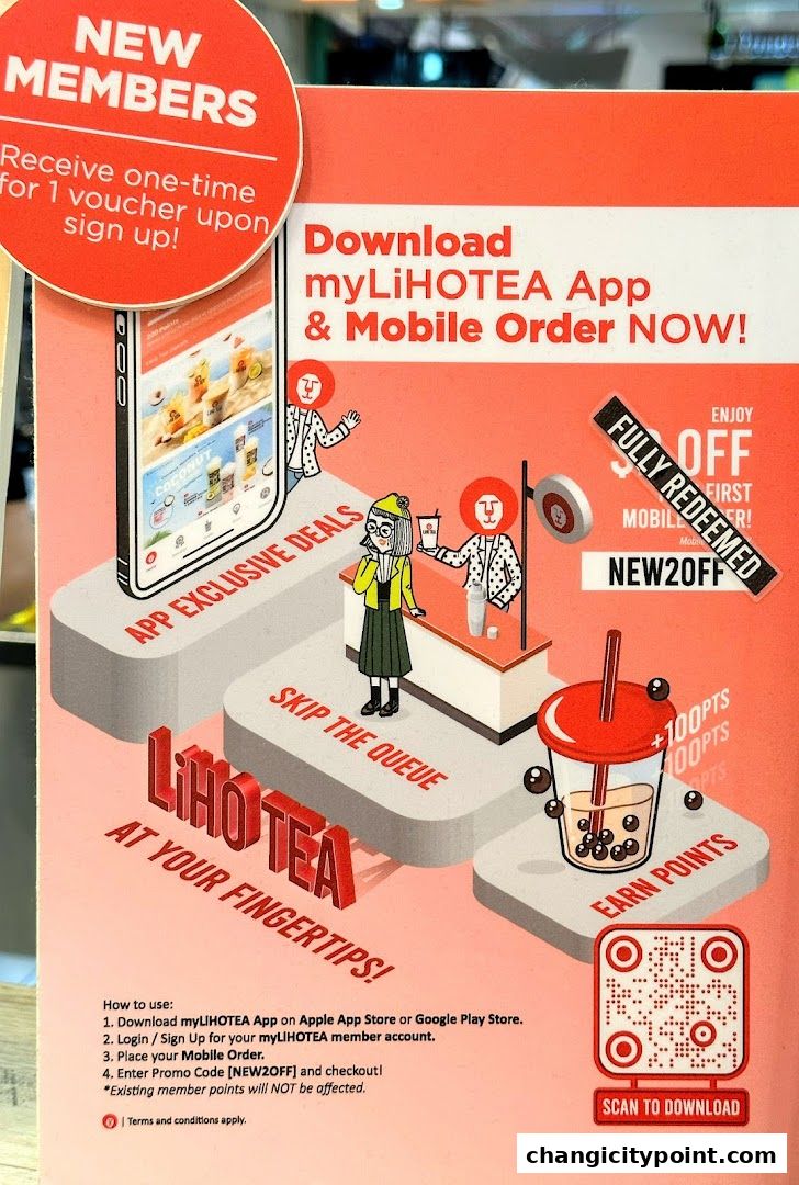 Promotional poster for LiHO TEA app download and mobile ordering with new member benefits.