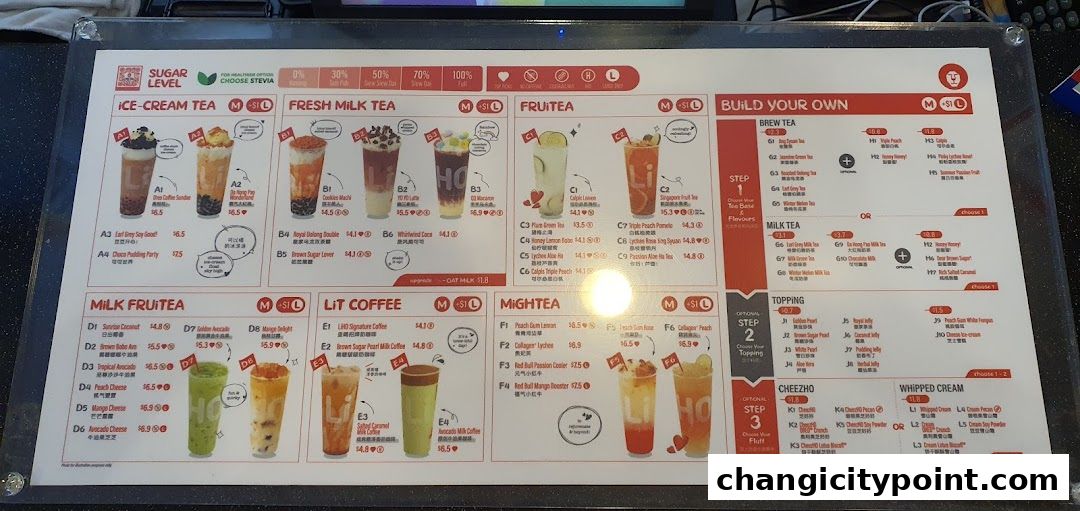 A menu board for LiHO TEA featuring various ice cream teas, milk teas, fruit teas, and build-your-own options.
