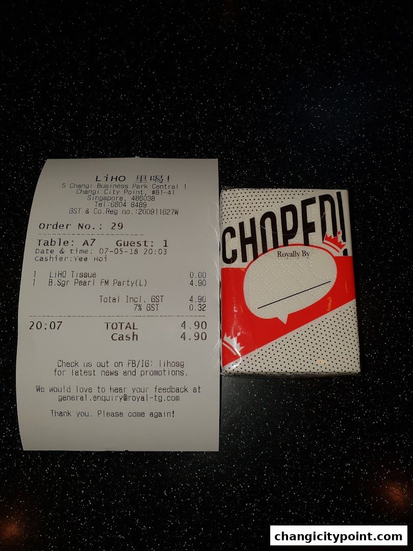 A receipt from LiHO TEA and a packet of tissues with 'CHOPPED!' branding.