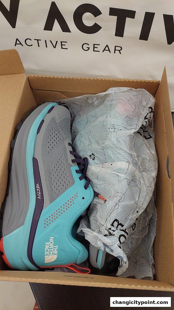 A pair of turquoise and grey athletic shoes from The North Face in a cardboard box.