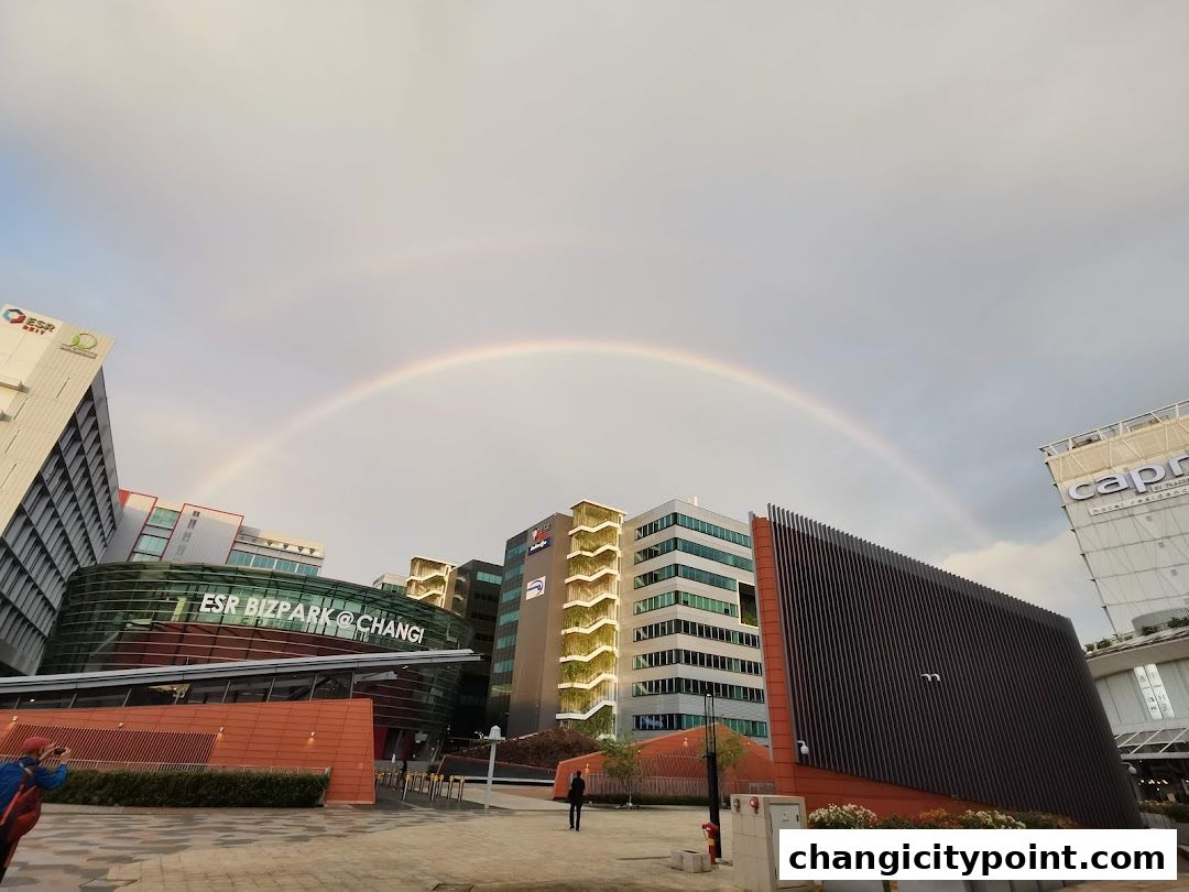 A rainbow arches over modern buildings at ESR Bizpark @ Changi.