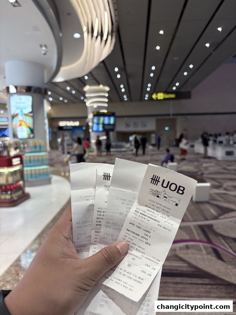 A hand holds multiple receipts from a UOB transaction at Liv Activ.