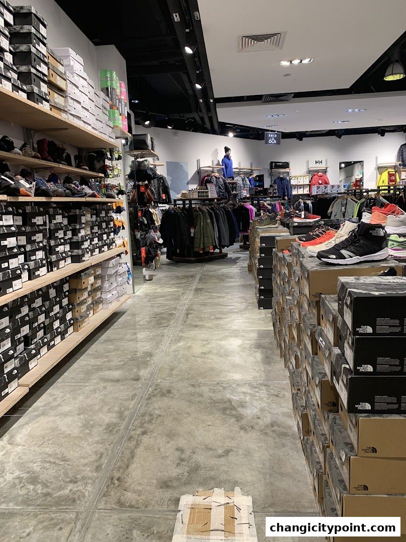 Interior view of a retail store selling outdoor apparel and footwear, with shelves stocked with boxes and clothing racks.