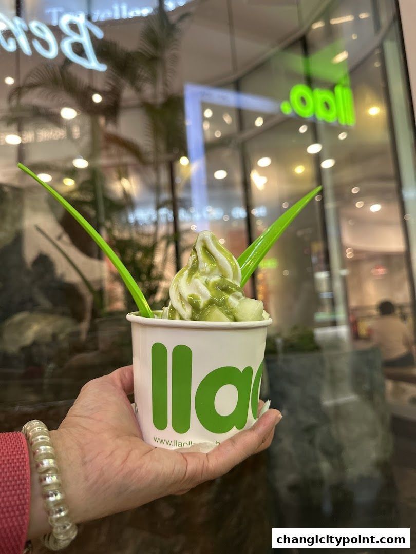A hand holds a cup of llaollao frozen yogurt with green toppings and spoons.