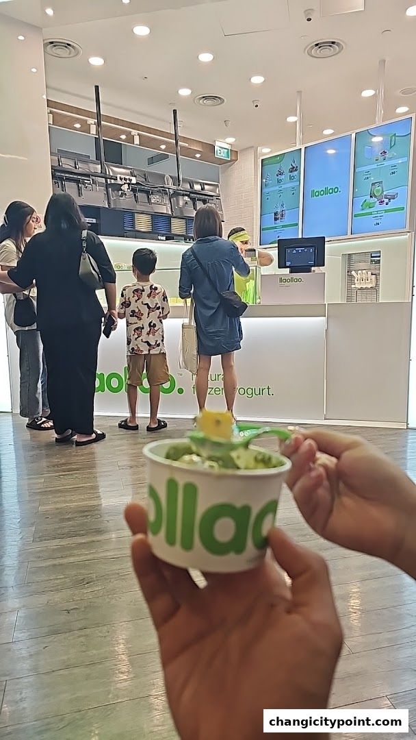 A person holds a cup of llaollao frozen yogurt in front of the shop counter.