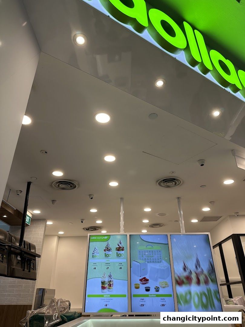 A digital menu board displaying frozen yogurt options and prices at llaollao.