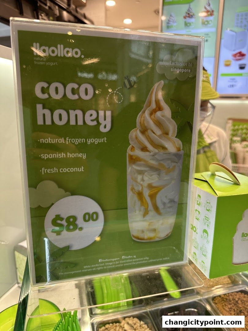 A sign advertising llaollao's Coco Honey natural frozen yogurt with price.