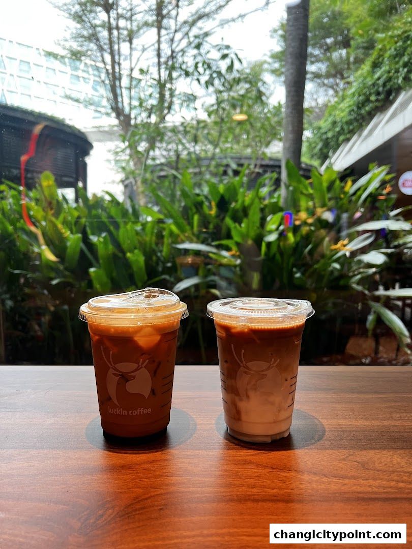 Two iced coffee drinks from Luckin Coffee on a wooden table.