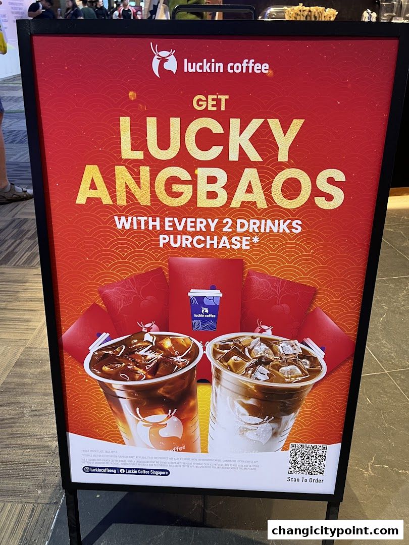 A promotional sign for Luckin Coffee offering 'Lucky Angbaos' with drink purchases.