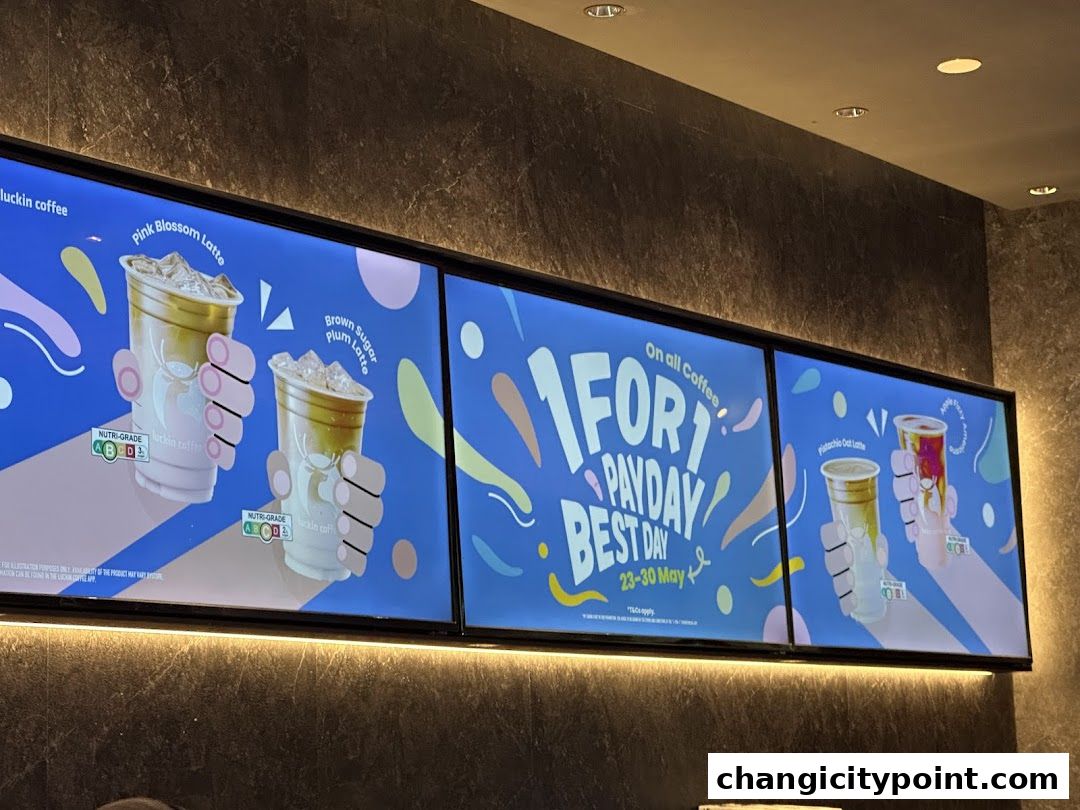 Digital menu boards displaying coffee drinks and a special offer.