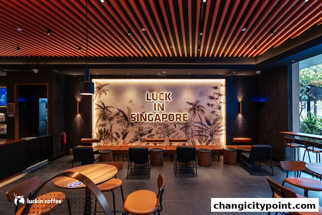 Interior of Luckin Coffee with tropical mural and seating.