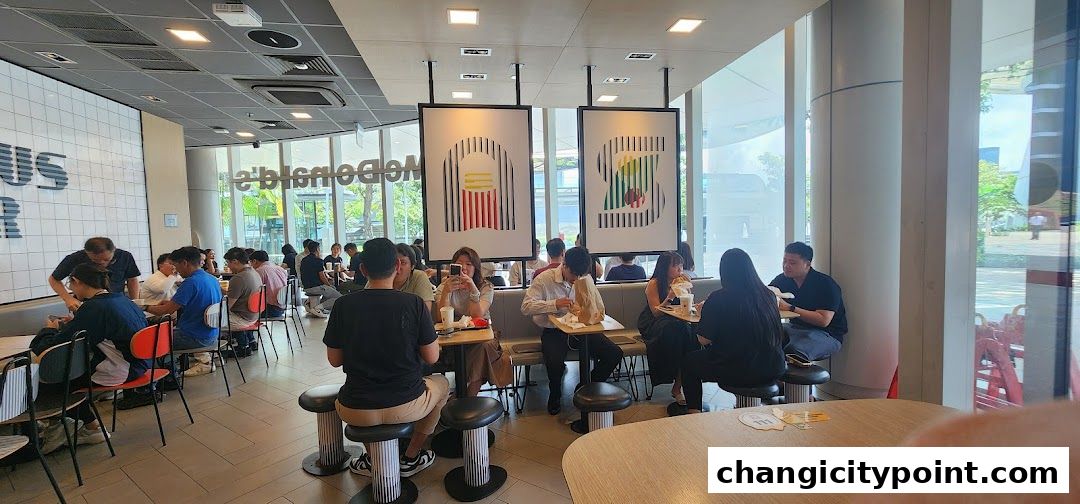 Interior view of a busy McDonald's restaurant with customers dining.