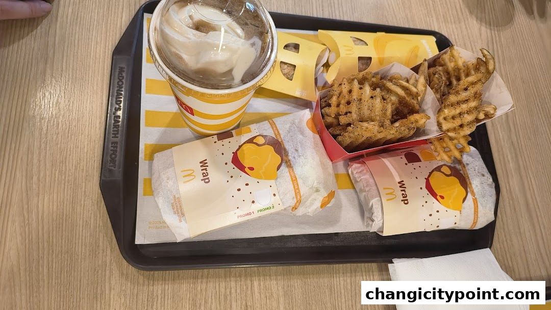 A tray of McDonald's food including wraps, waffle fries, and a drink.