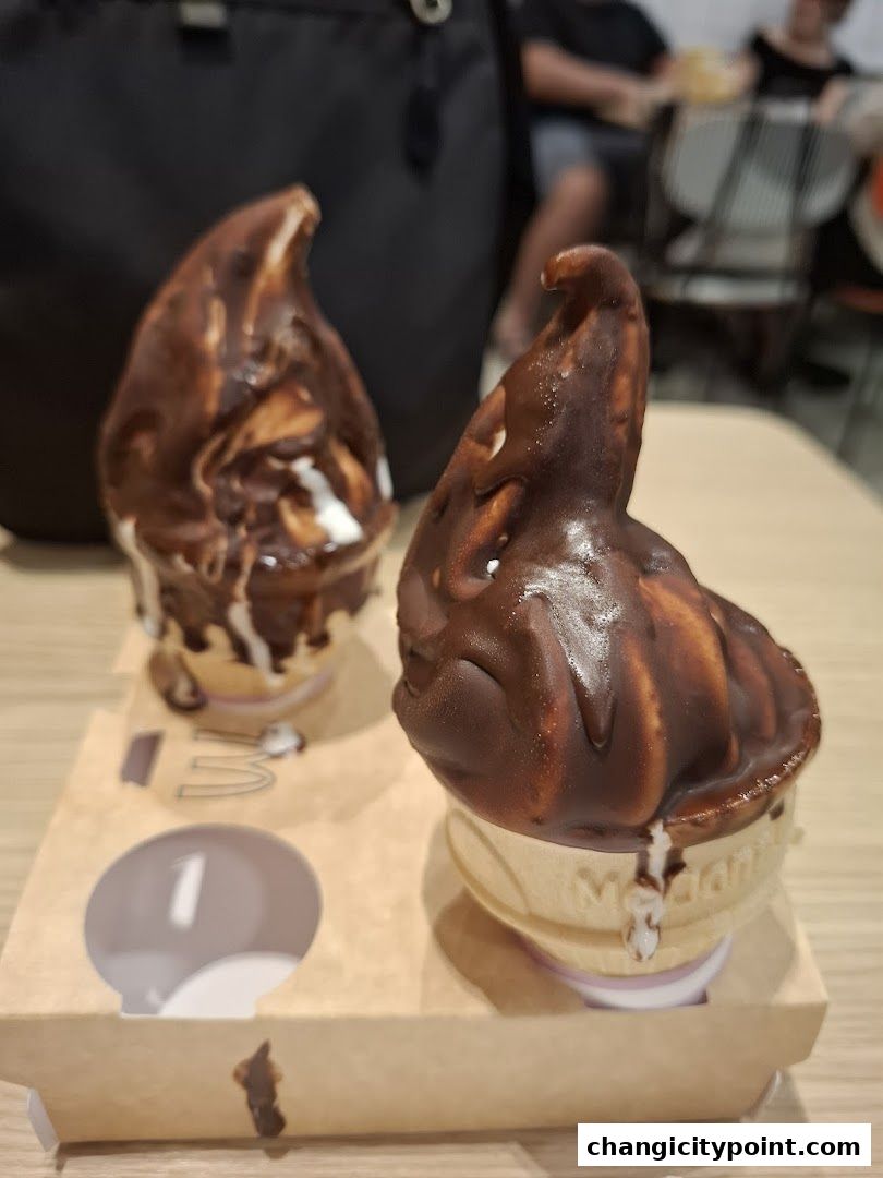 Two chocolate-dipped ice cream cones sit in a cardboard holder.
