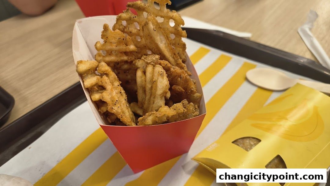 A close-up shot of crispy waffle fries served in a red carton on a tray.