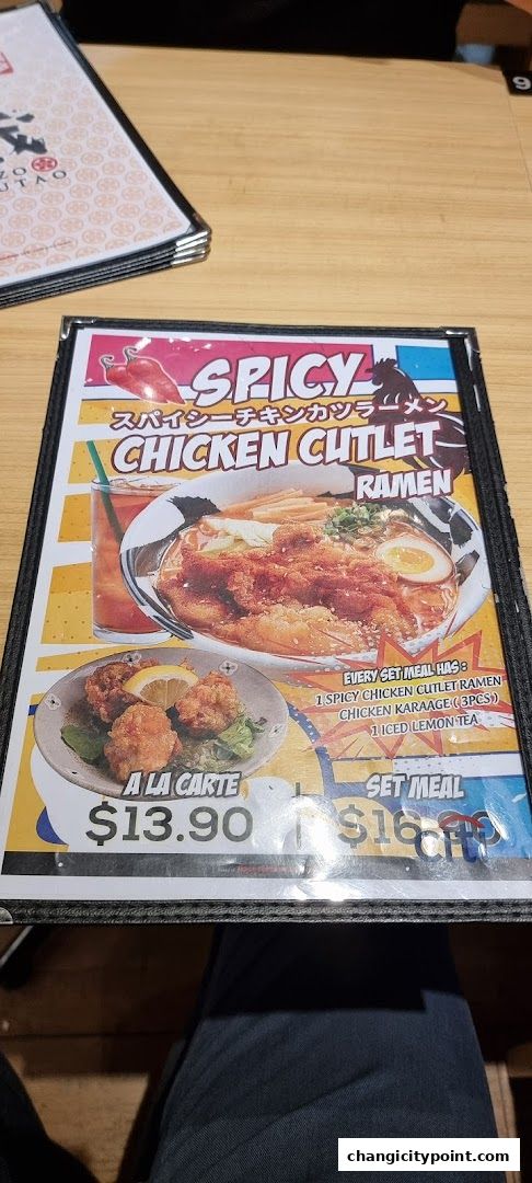A menu featuring spicy chicken cutlet ramen and chicken karaage.