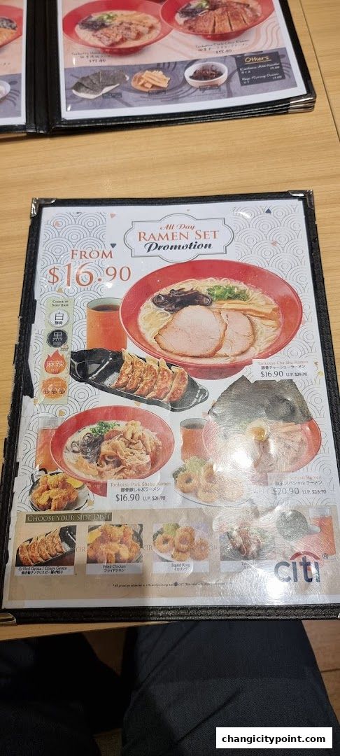 A menu featuring ramen sets, side dishes, and promotions from Menzo Butao.