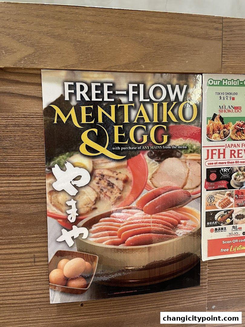 A promotional poster for free-flow mentaiko and egg with purchase of any mains.