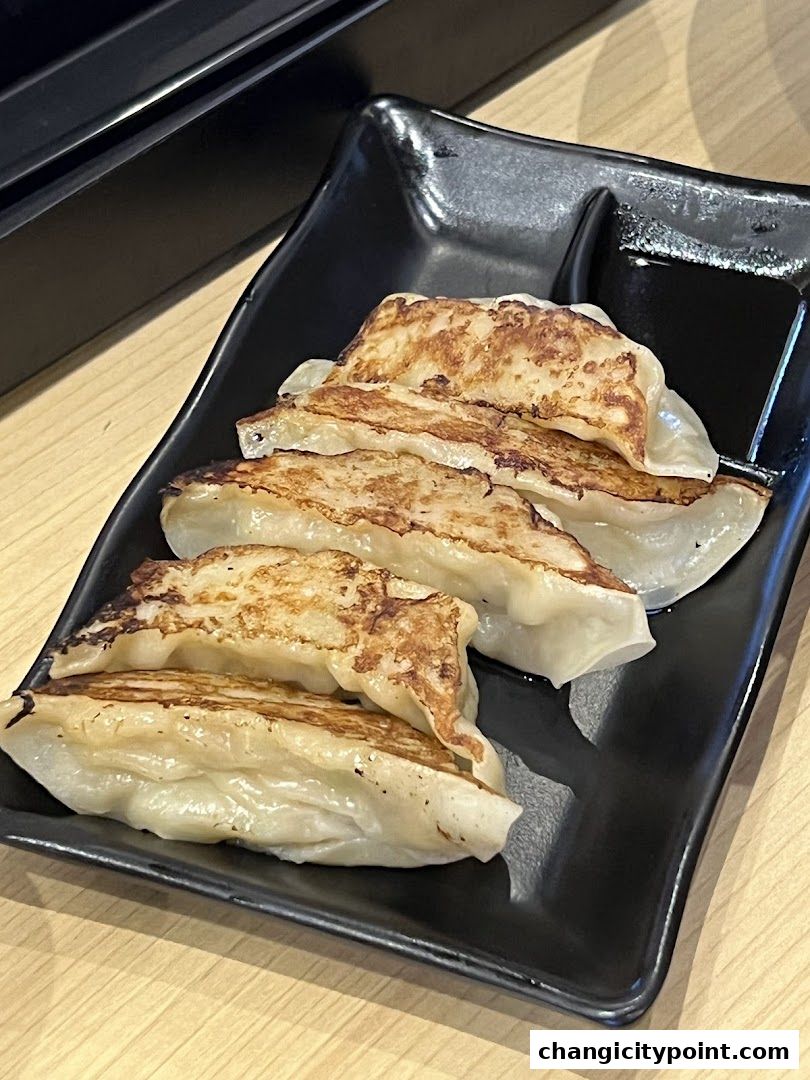 A black plate with pan-fried gyoza and a side of dipping sauce.