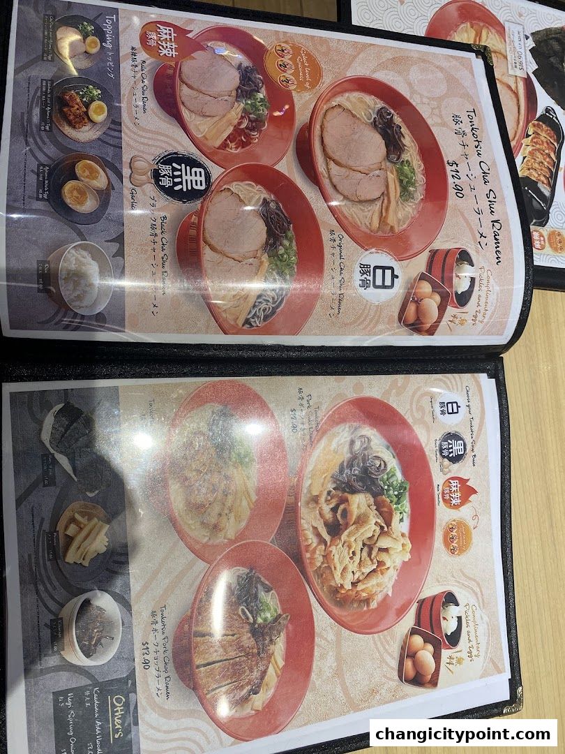 A menu showcasing various ramen dishes with detailed descriptions and prices.