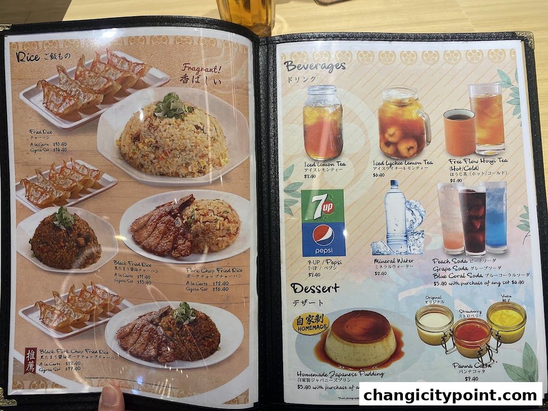 A menu featuring rice dishes, beverages, and desserts with prices and descriptions.