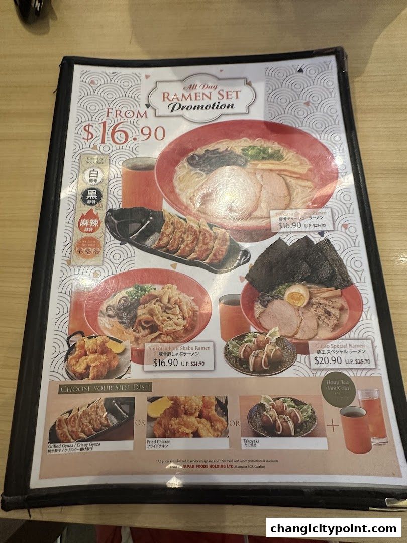 A menu featuring ramen sets, side dishes, and drinks from Menzo Butao.