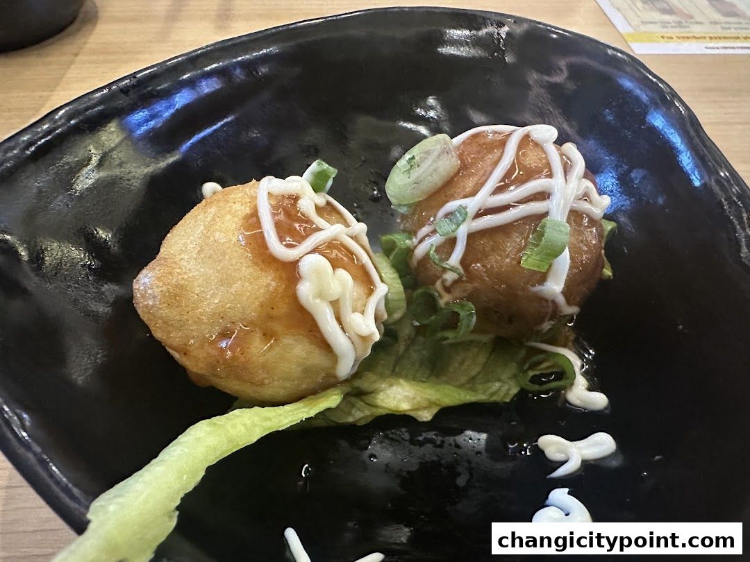 Two takoyaki balls drizzled with sauce and mayonnaise on a black plate.