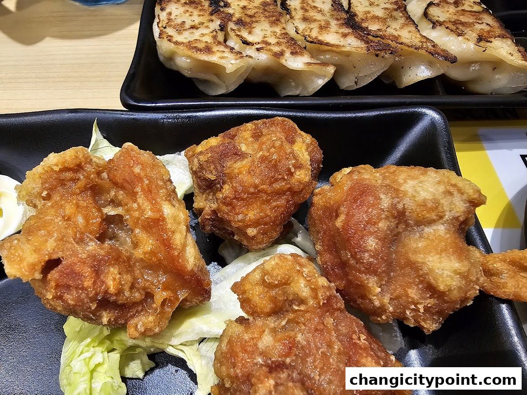 Crispy fried chicken pieces and pan-fried dumplings served on black plates with lettuce.