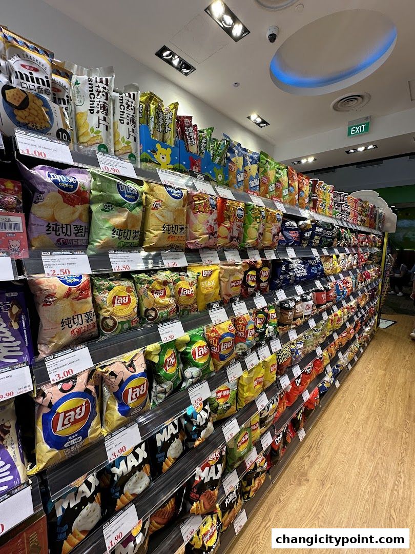 A wide selection of assorted chips and snacks displayed on shelves in a retail store.