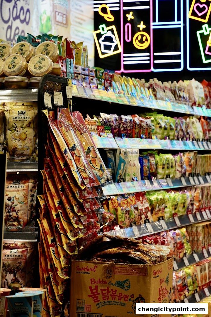 Shelves stocked with various packaged snacks and food items in a retail store.