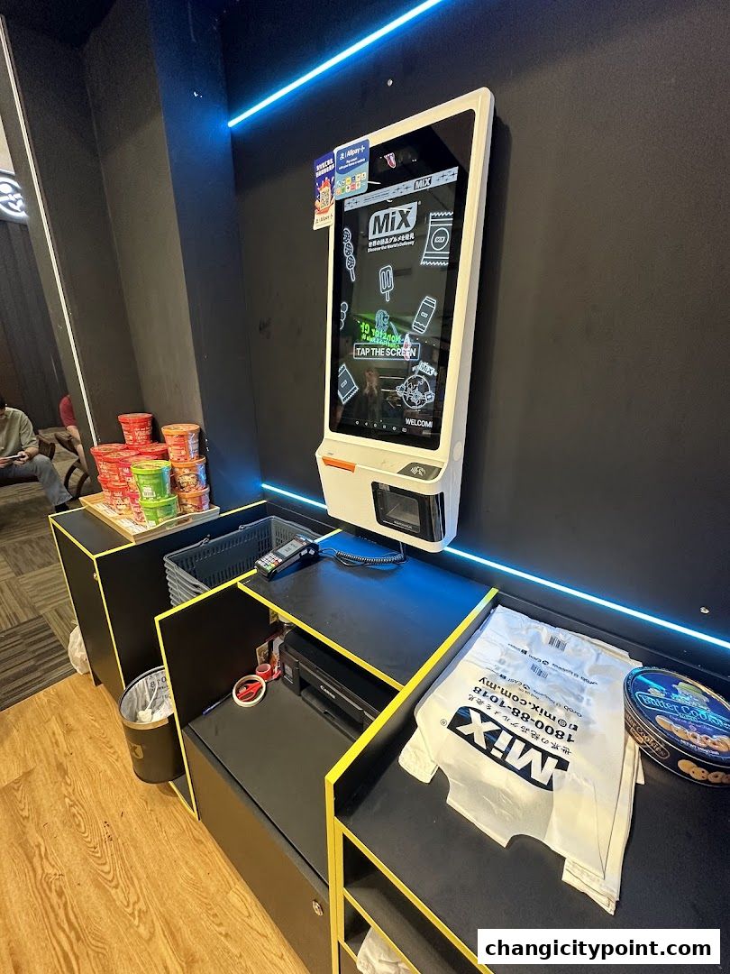 A self-checkout kiosk and counter at MiX Store with products and bags.