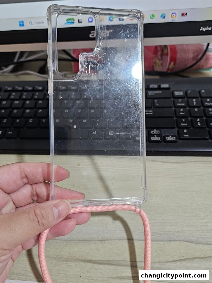 A clear phone case with a pink lanyard is held by a hand.