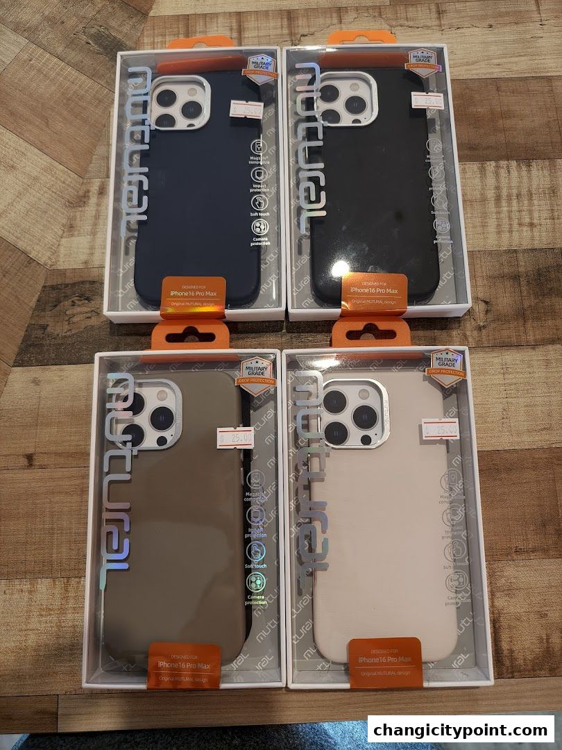 Four iPhone 16 Pro Max cases in different colors displayed in packaging.