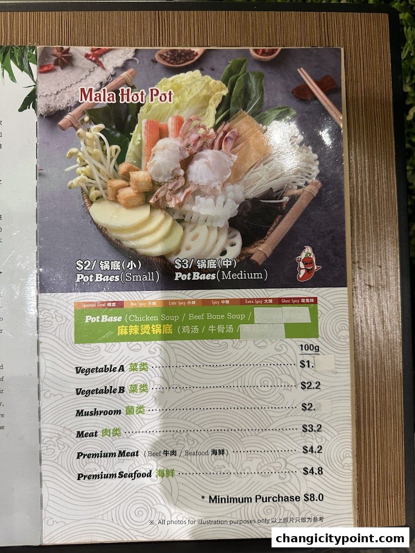 A menu featuring Mala Hot Pot with various ingredients and spice levels.