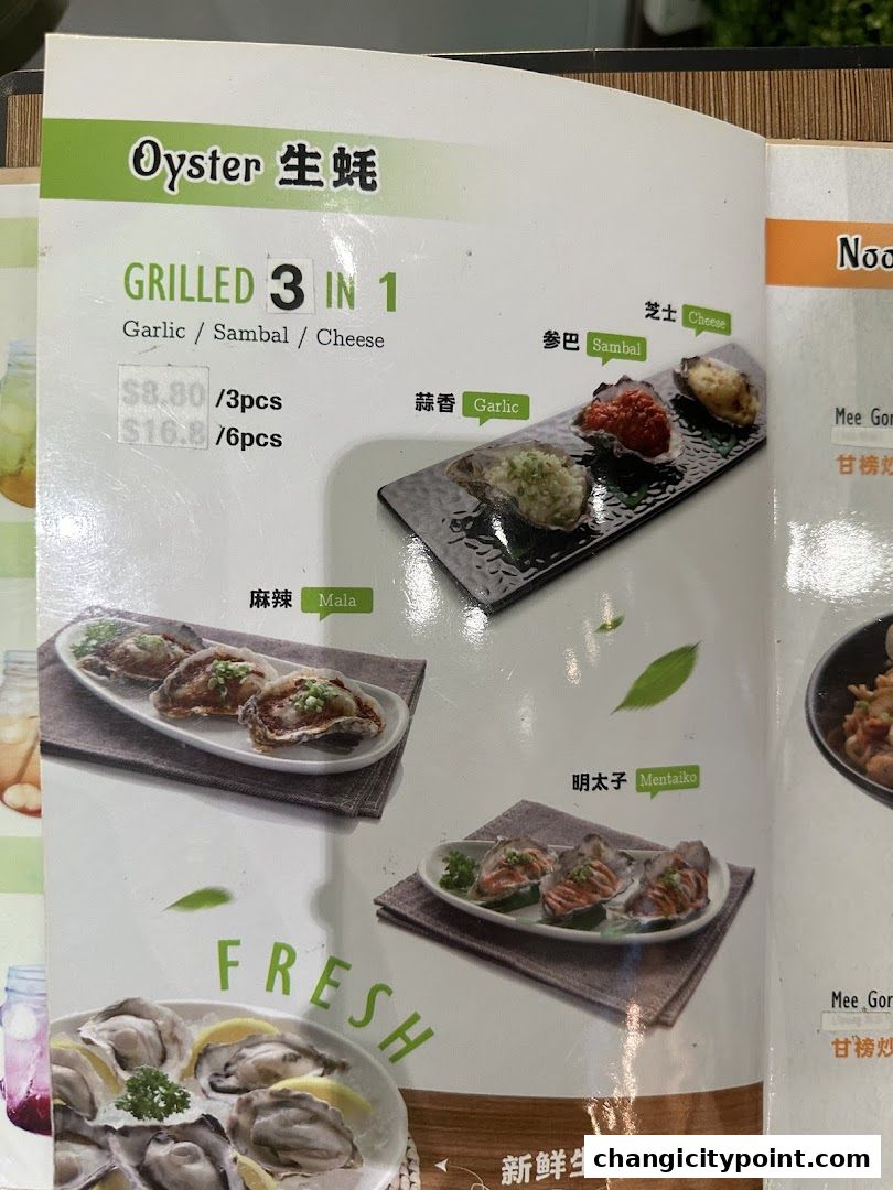 A menu page showcasing various grilled and fresh oyster preparations with prices.