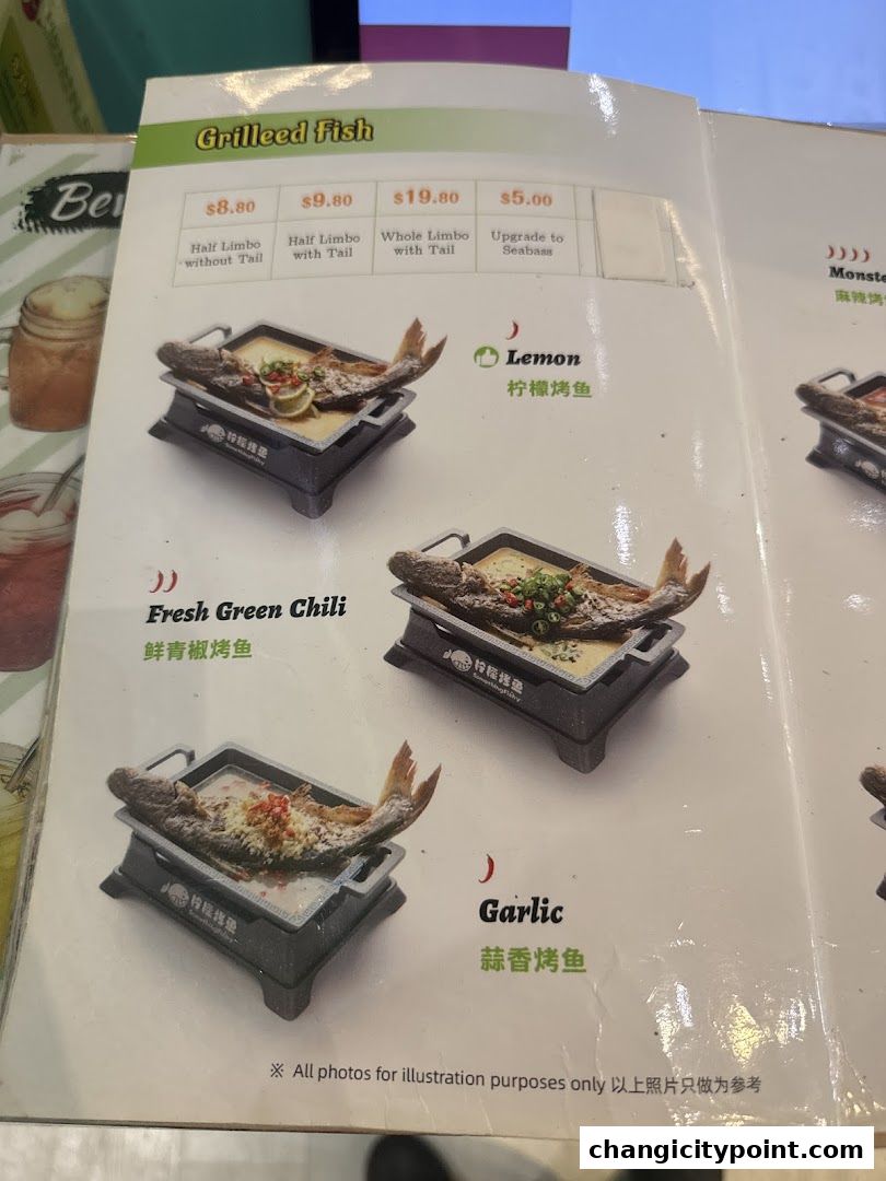 A menu page showcasing grilled fish dishes with prices and flavor options.