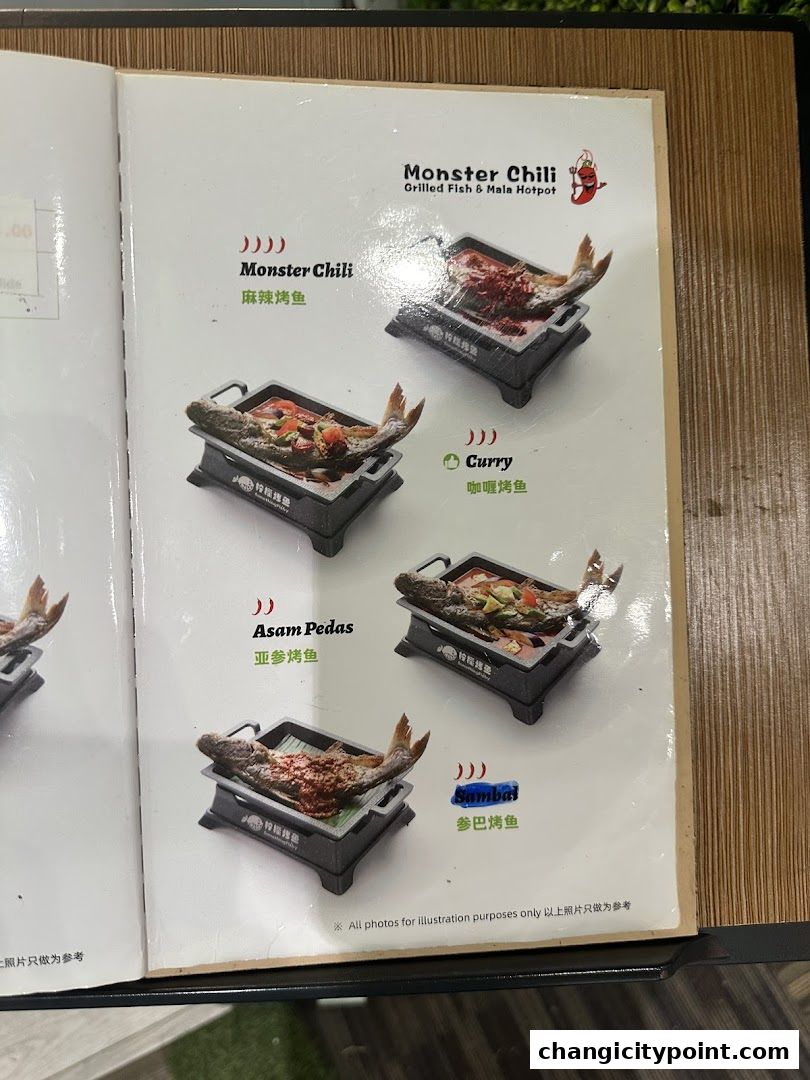 A menu page showcasing various grilled fish dishes with different flavor options.