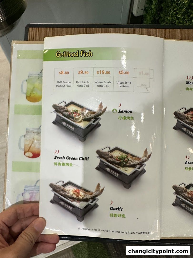 A menu page showcasing grilled fish dishes with prices and descriptions.