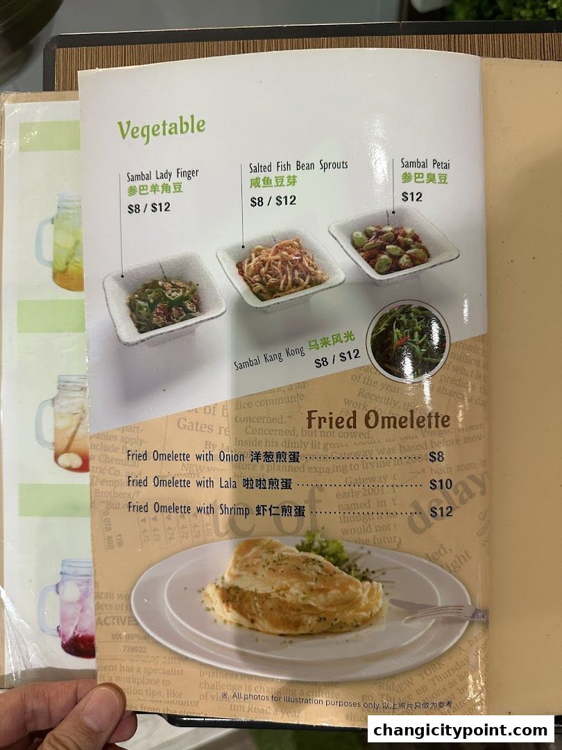 A menu page featuring vegetable dishes and fried omelettes with various fillings.