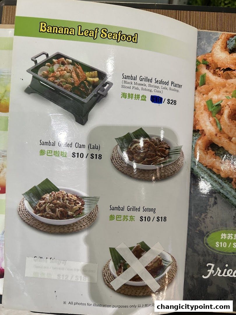 A menu page showcasing various seafood dishes, including grilled platters and individual items.