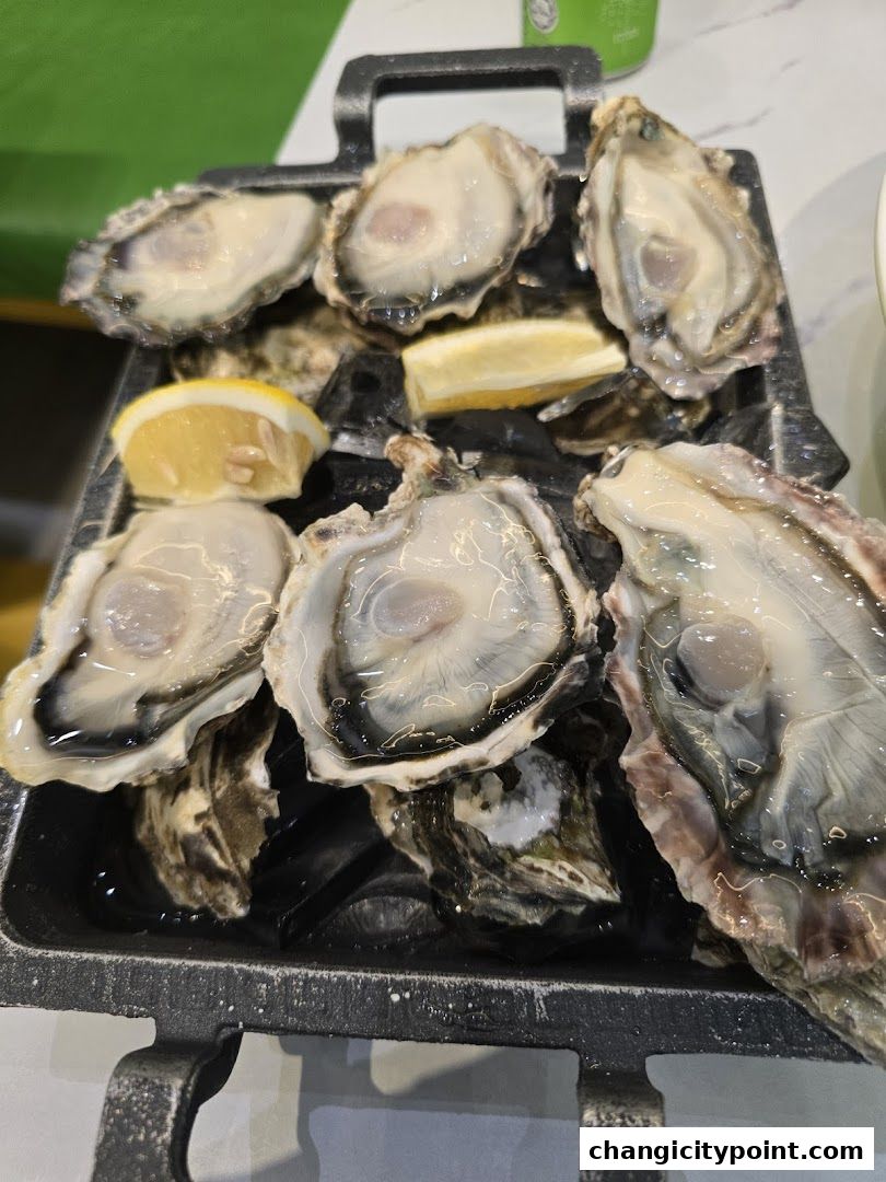 A platter of fresh oysters served with lemon wedges on a dark serving tray.