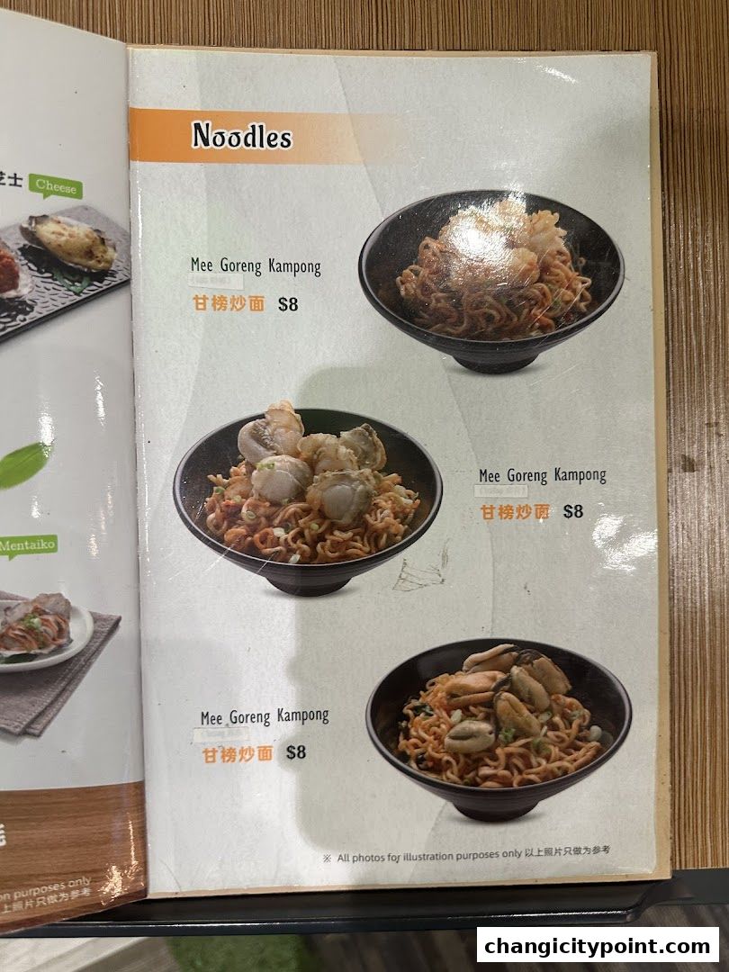 A menu page showcasing three bowls of Mee Goreng Kampong noodles with different toppings.